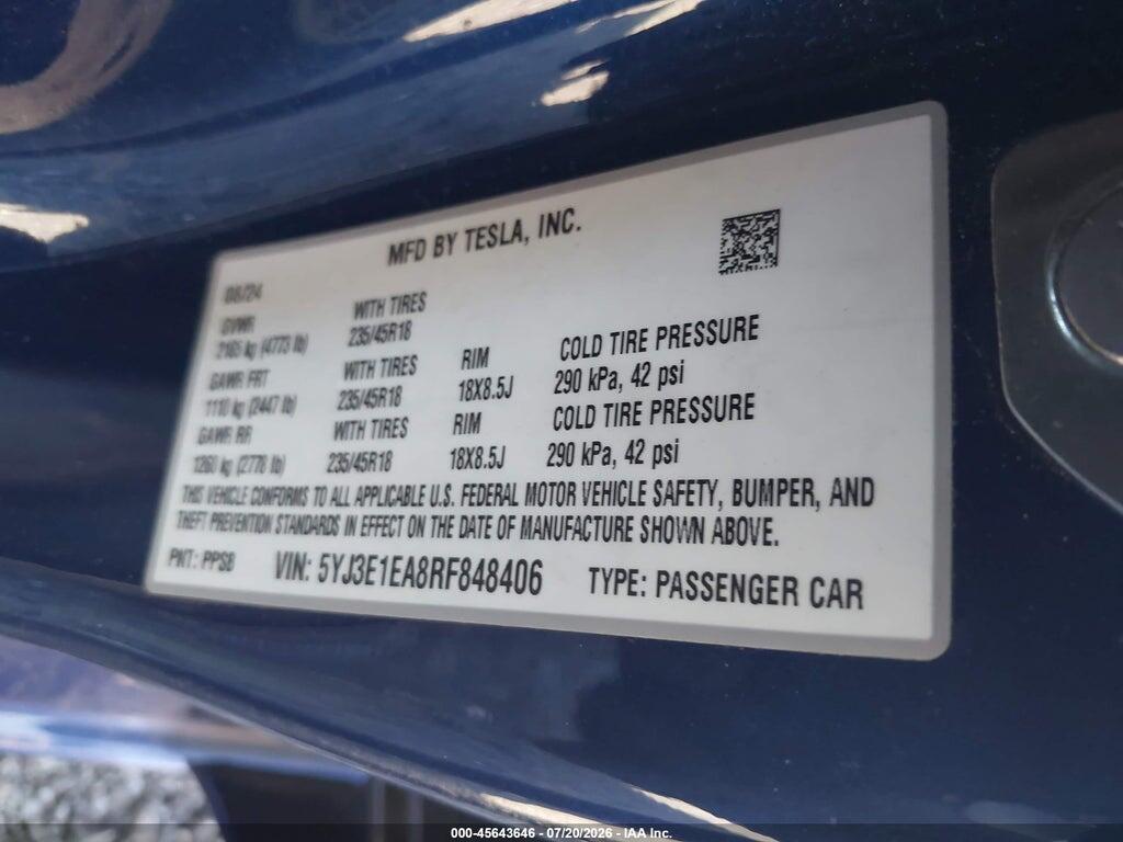 5YJ3E1EA8RF848406 2024 TESLA MODEL 3 photo no. 9