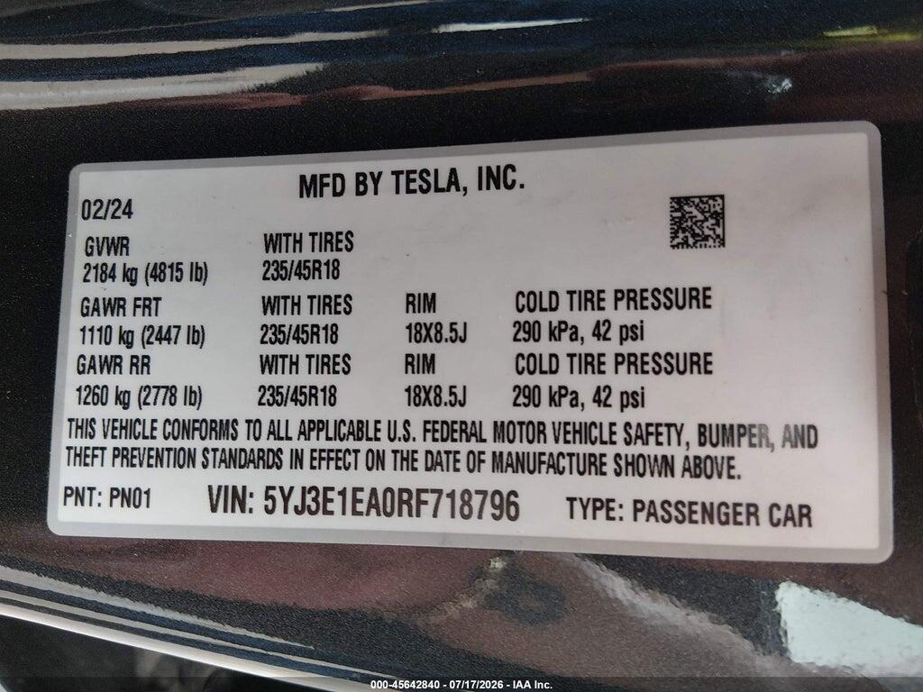 5YJ3E1EA0RF718796 2024 TESLA MODEL 3 photo no. 9
