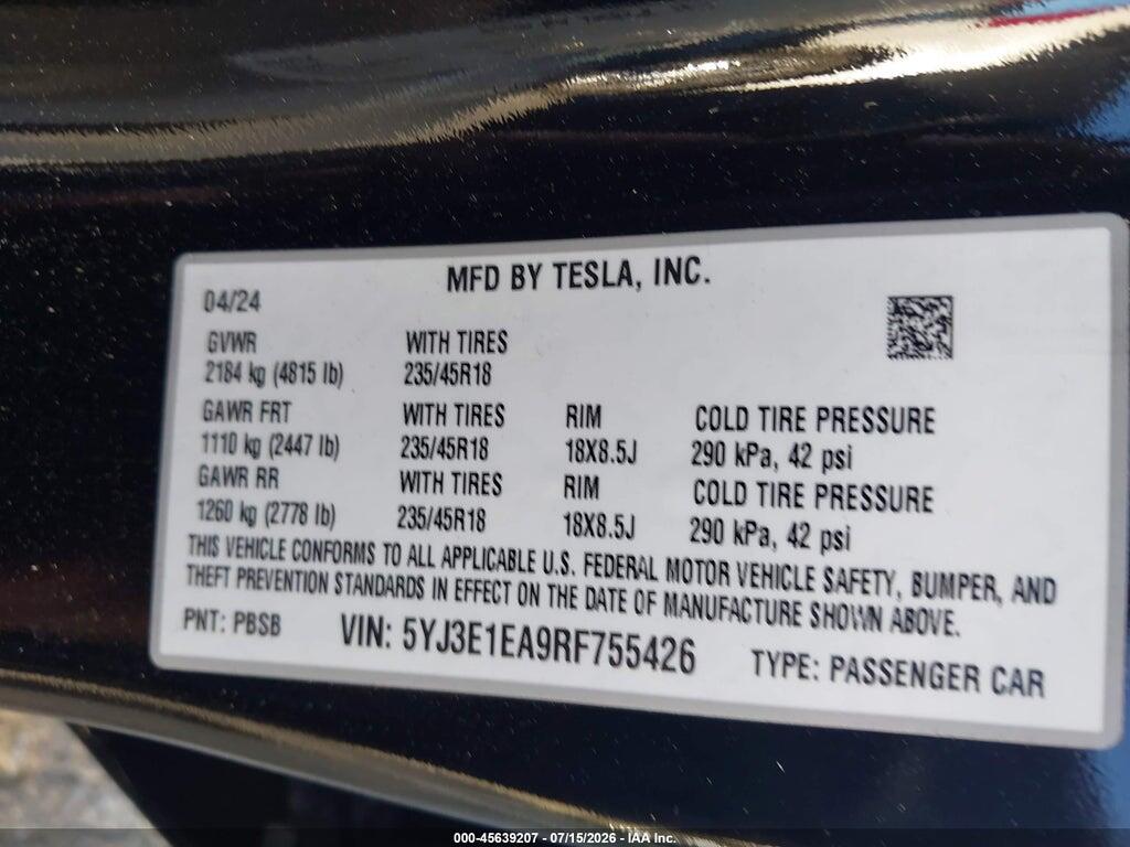 5YJ3E1EA9RF755426 2024 TESLA MODEL 3 photo no. 9