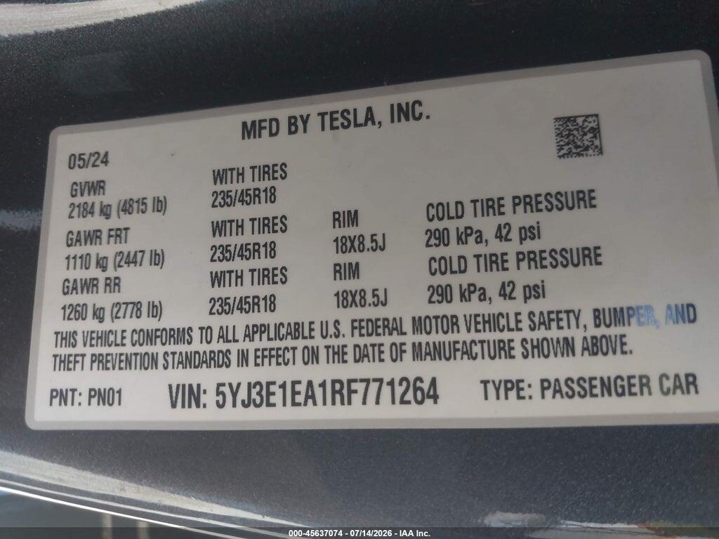 5YJ3E1EA1RF771264 2024 TESLA MODEL 3 photo no. 9