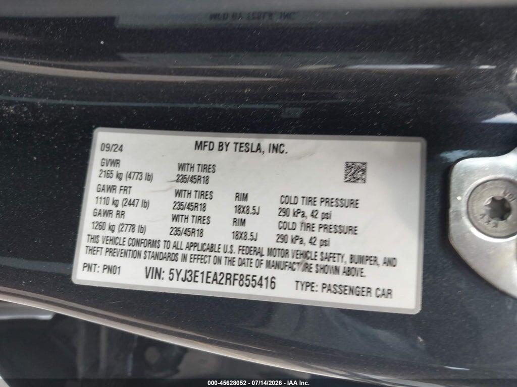 5YJ3E1EA2RF855416 2024 TESLA MODEL 3 photo no. 9