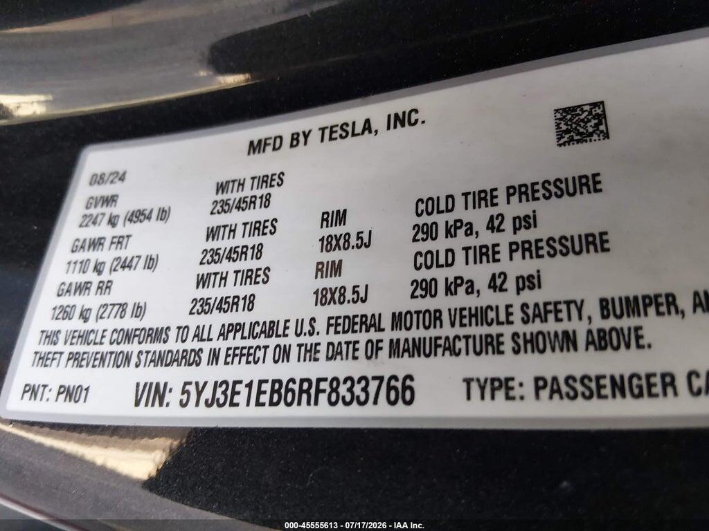 5YJ3E1EB6RF833766 2024 TESLA MODEL 3 photo no. 9