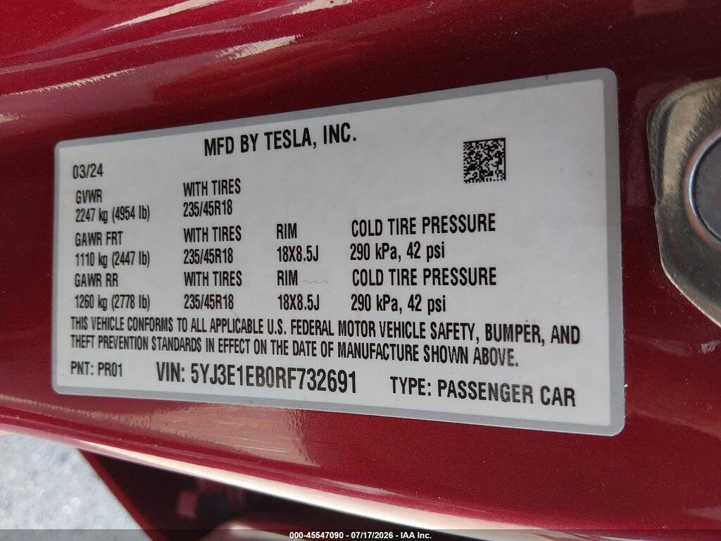 5YJ3E1EB0RF732691 2024 TESLA MODEL 3 photo no. 9