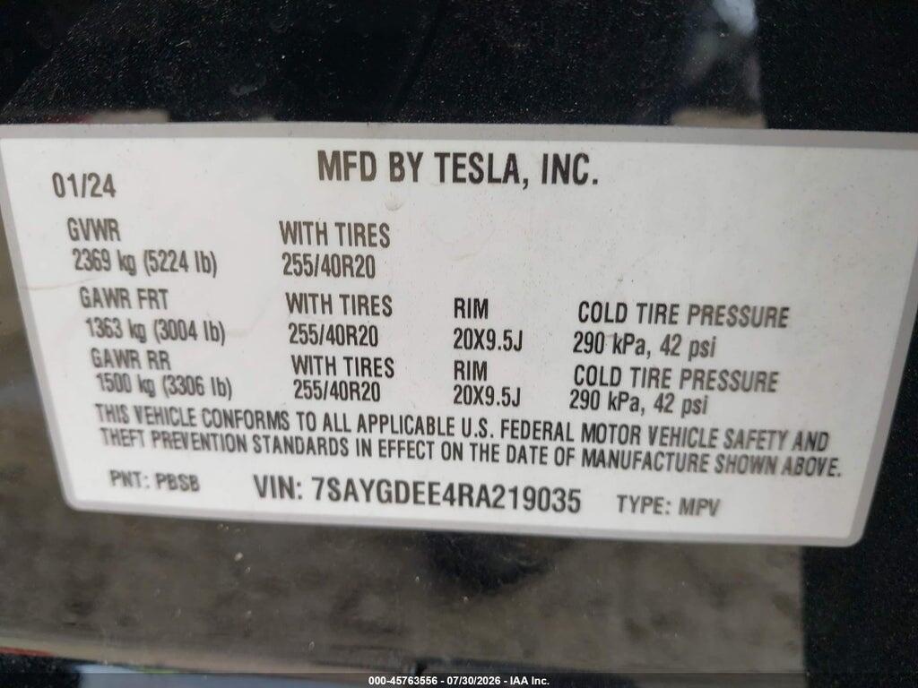 7SAYGDEE4RA219035 2024 TESLA MODEL Y photo no. 9