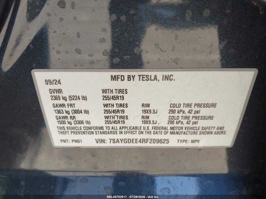 7SAYGDEE4RF209625 2024 TESLA MODEL Y photo no. 9