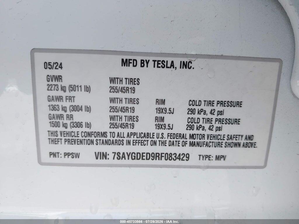 7SAYGDED9RF083429 2024 TESLA MODEL Y photo no. 9