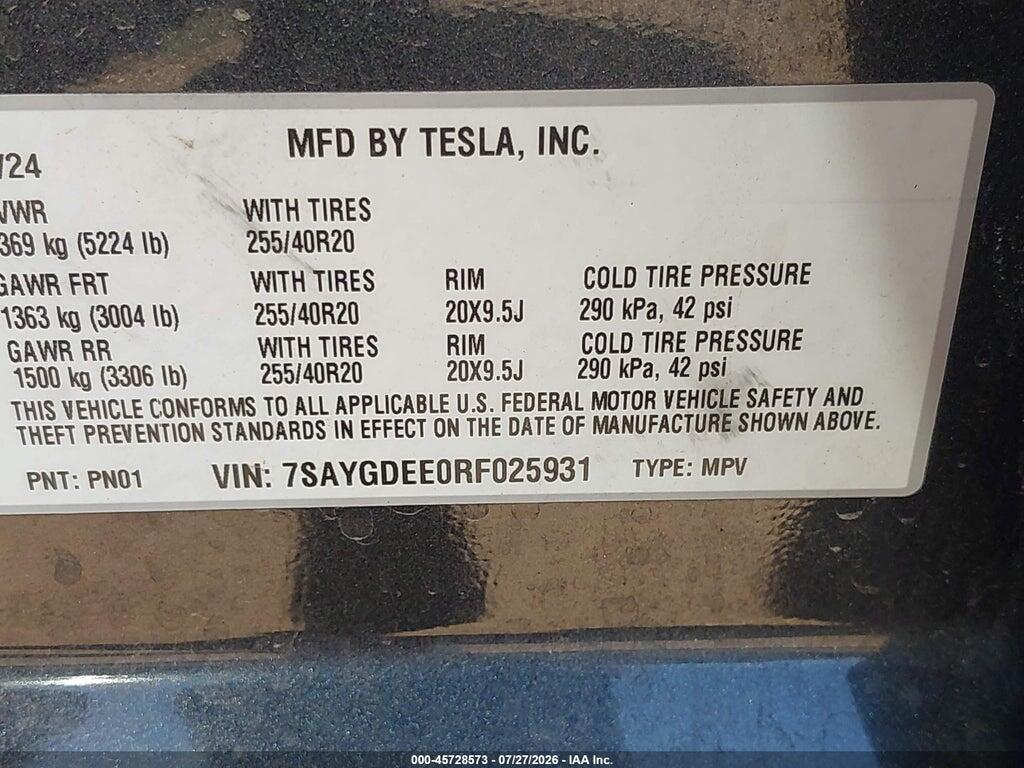 7SAYGDEE0RF025931 2024 TESLA MODEL Y photo no. 9