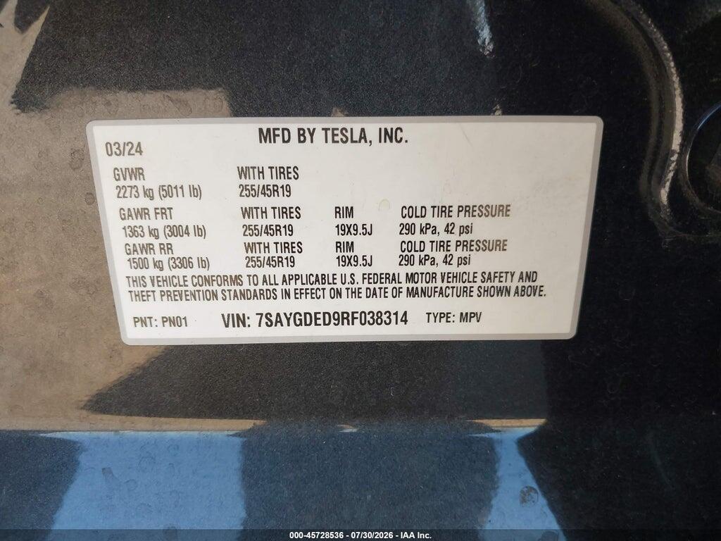 7SAYGDED9RF038314 2024 TESLA MODEL Y photo no. 9