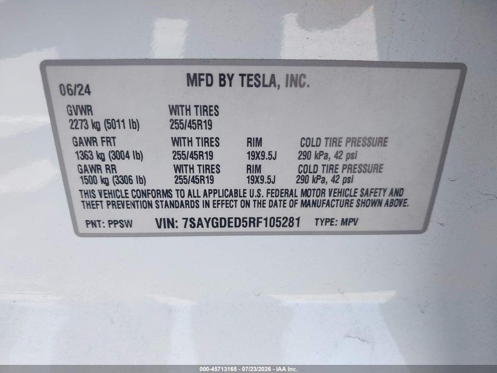 7SAYGDED5RF105281 2024 TESLA MODEL Y photo no. 9