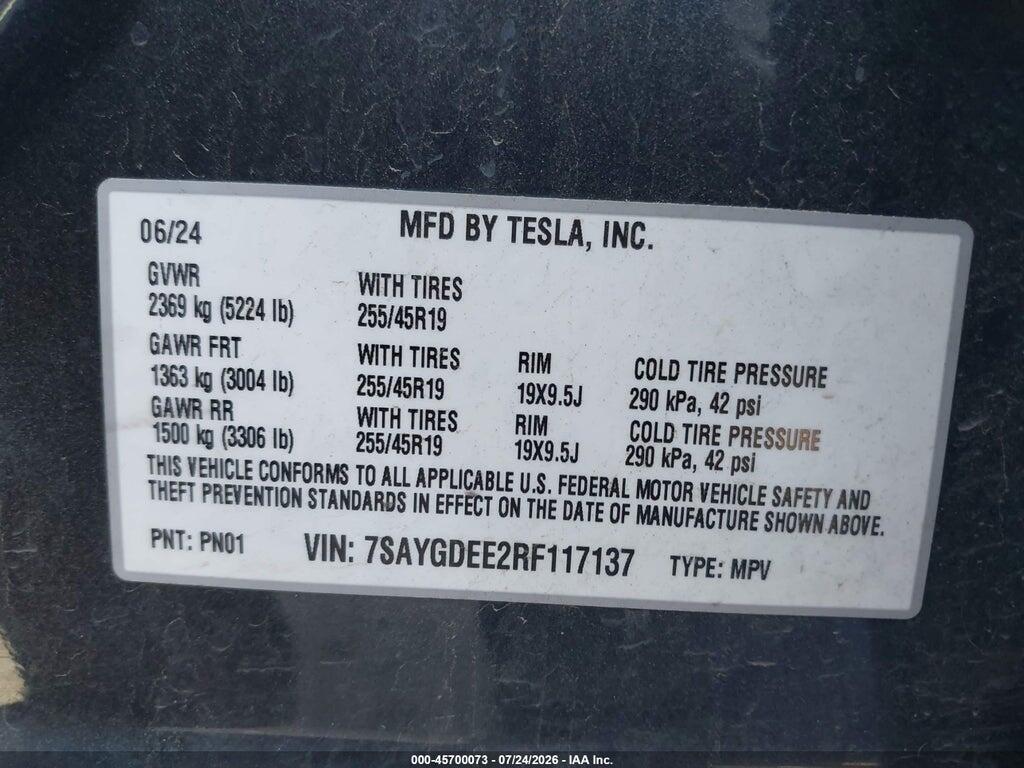 7SAYGDEE2RF117137 2024 TESLA MODEL Y photo no. 9