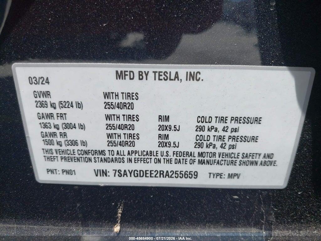 7SAYGDEE2RA255659 2024 TESLA MODEL Y photo no. 9