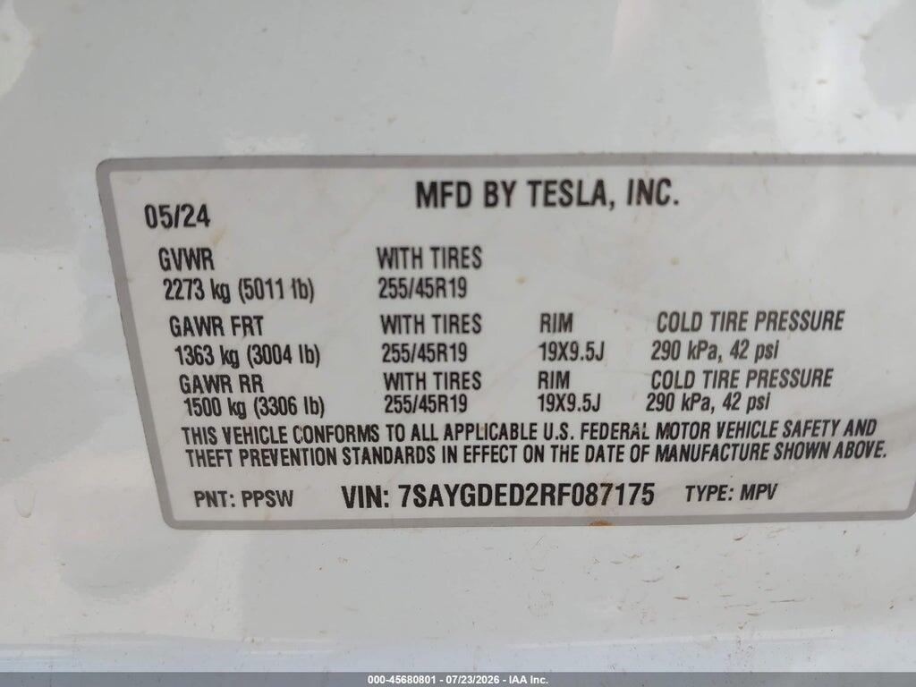 7SAYGDED2RF087175 2024 TESLA MODEL Y photo no. 9