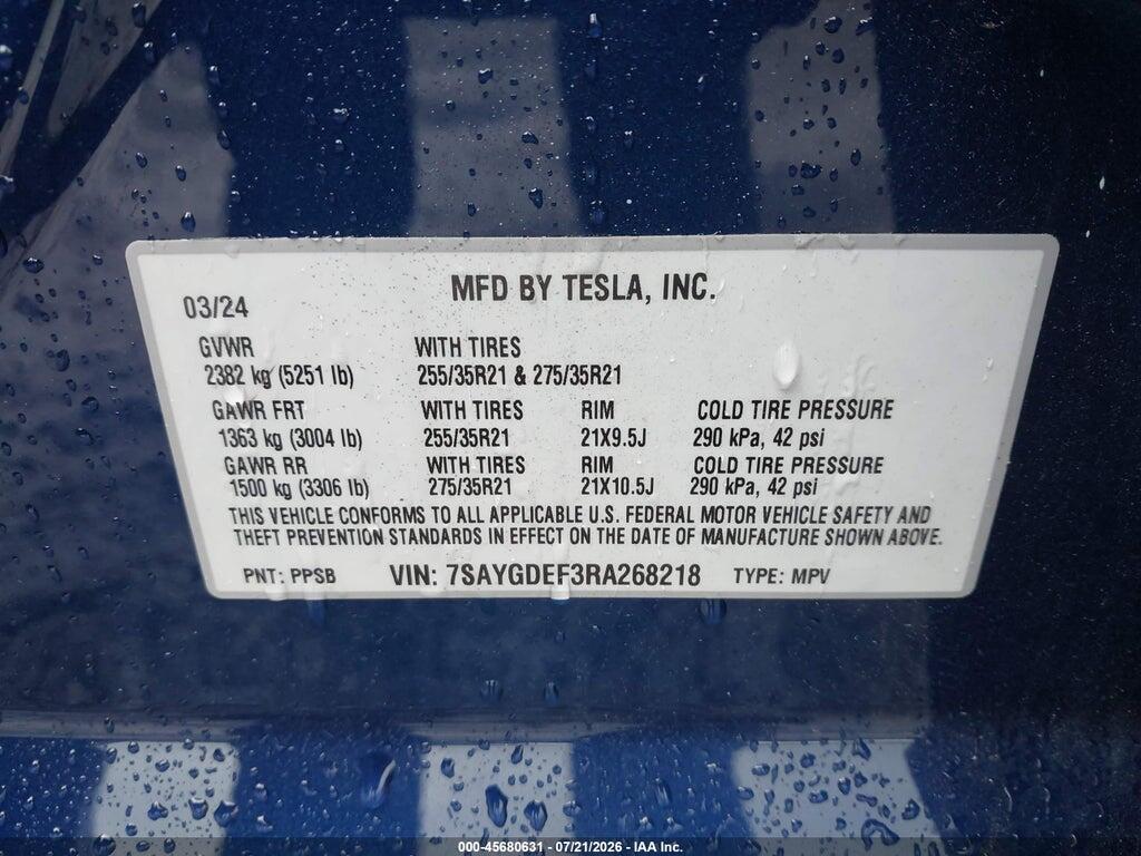 7SAYGDEF3RA268218 2024 TESLA MODEL Y photo no. 9