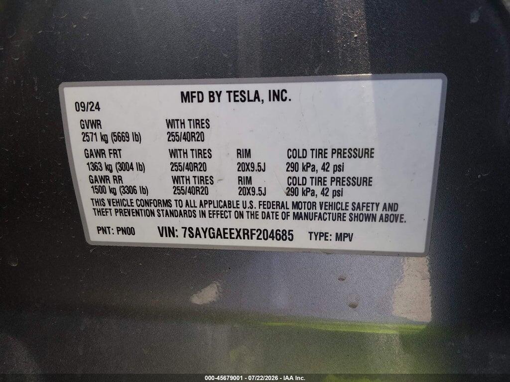 7SAYGAEEXRF204685 2024 TESLA MODEL Y photo no. 9