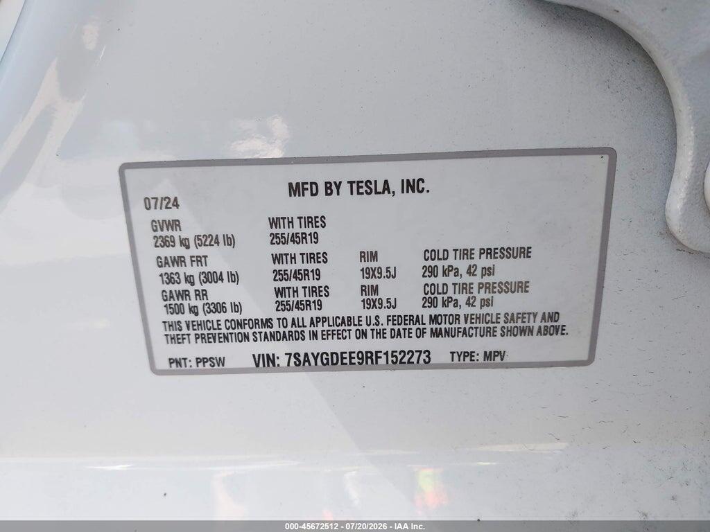 7SAYGDEE9RF152273 2024 TESLA MODEL Y photo no. 9