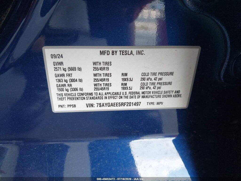 7SAYGAEE5RF201497 2024 TESLA MODEL Y photo no. 9