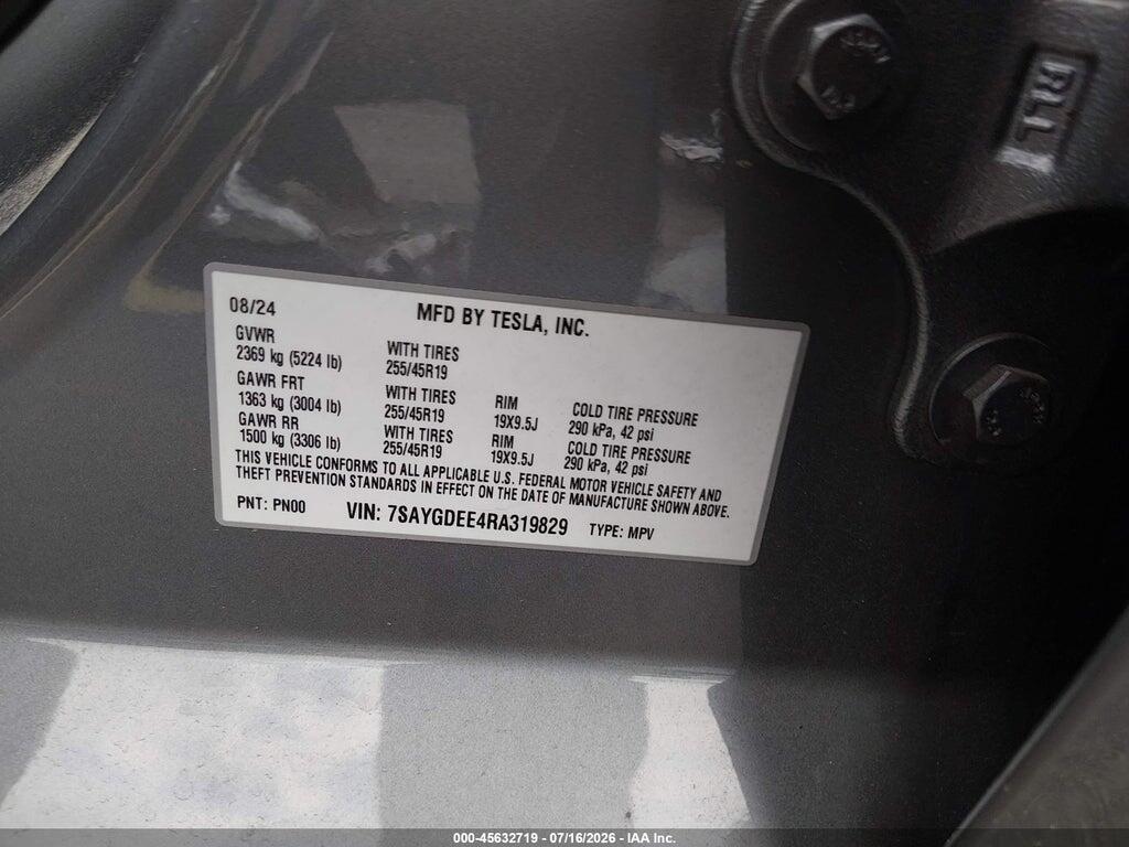 7SAYGDEE4RA319829 2024 TESLA MODEL Y photo no. 9