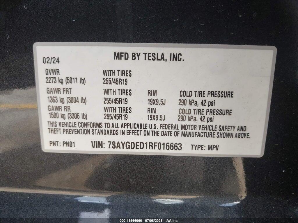 7SAYGDED1RF016663 2024 TESLA MODEL Y photo no. 9