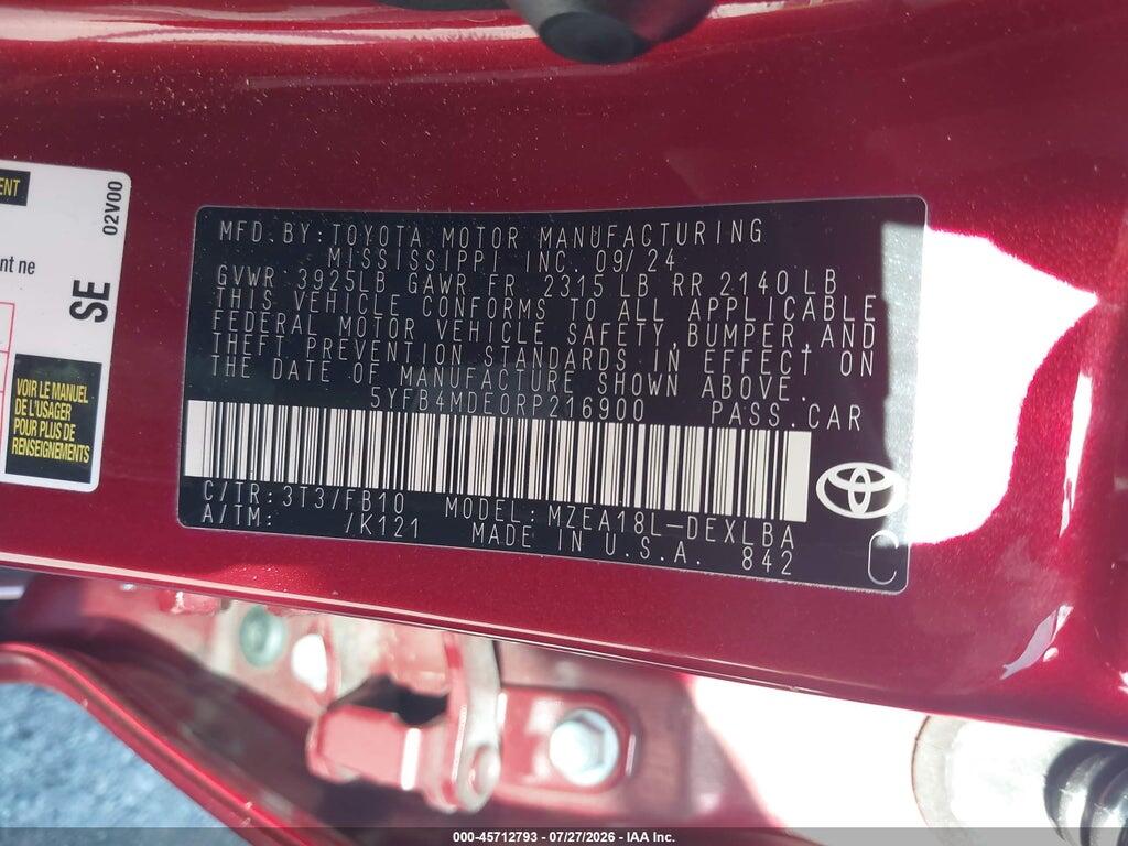 5YFB4MDE0RP216900 2024 TOYOTA COROLLA photo no. 9