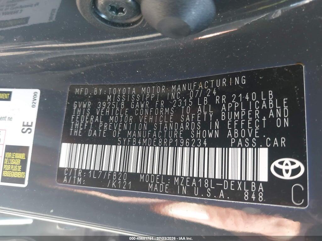 5YFB4MDE8RP196234 2024 TOYOTA COROLLA photo no. 9