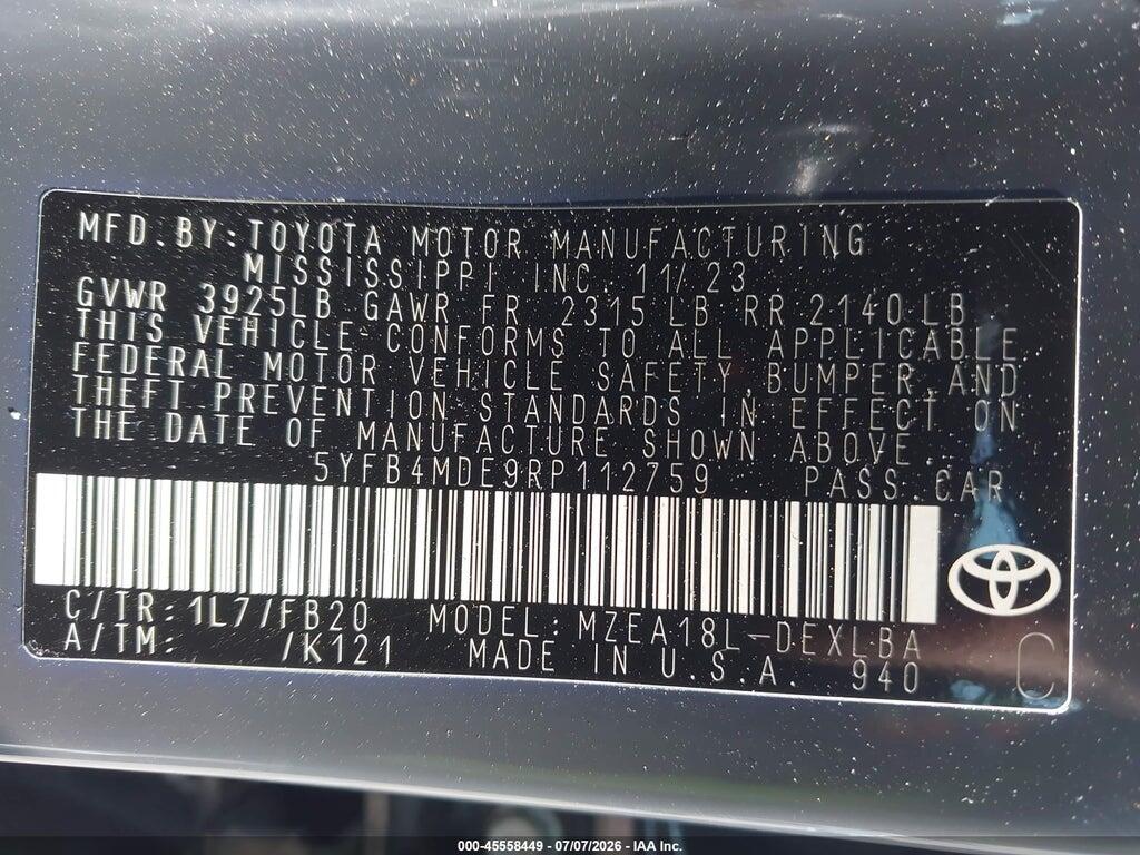 5YFB4MDE9RP112759 2024 TOYOTA COROLLA photo no. 9