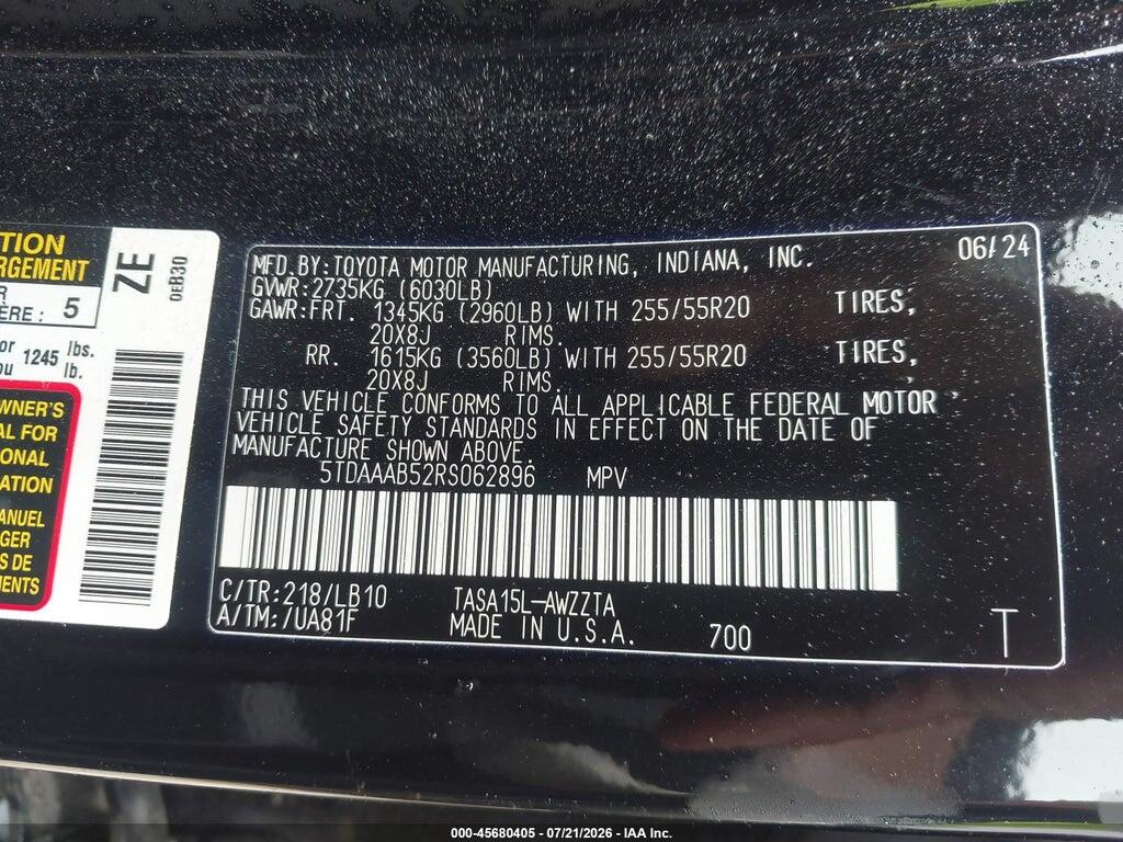 5TDAAAB52RS062896 2024 TOYOTA GRAND HIGHLANDER photo no. 9