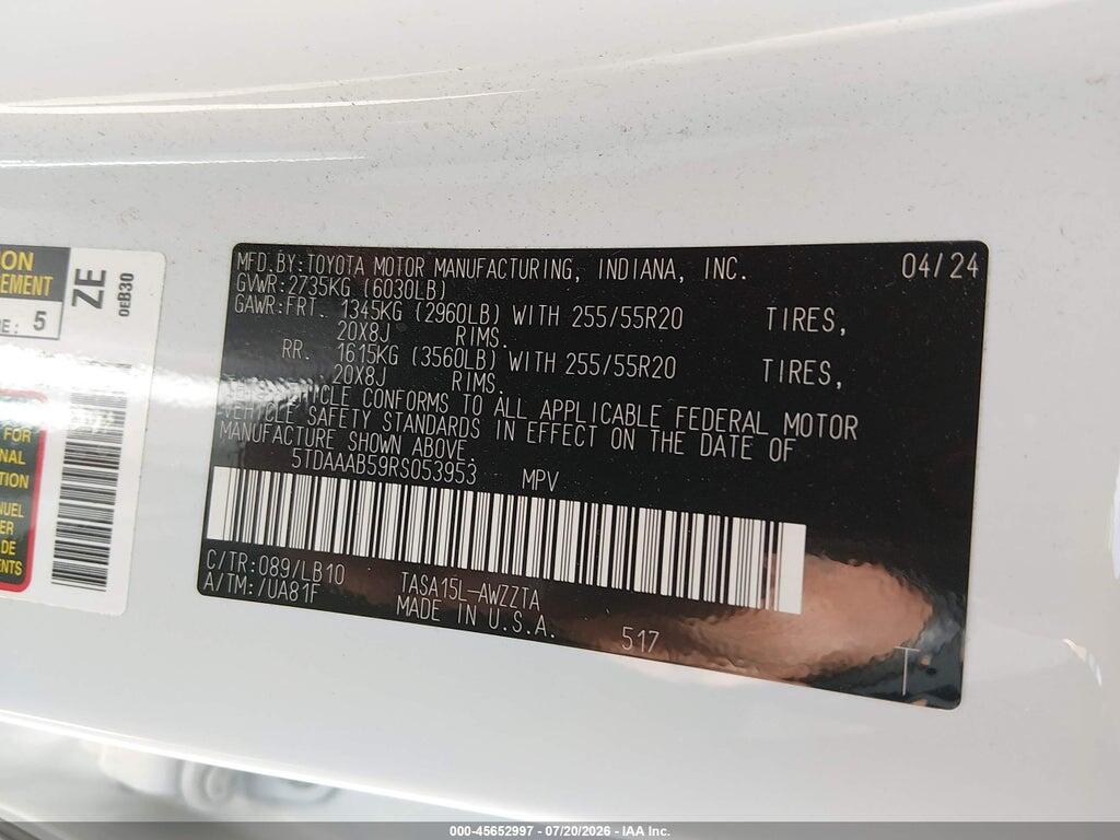 5TDAAAB59RS053953 2024 TOYOTA GRAND HIGHLANDER photo no. 9