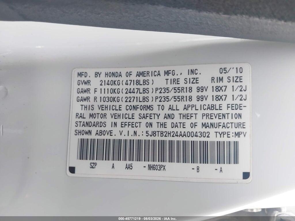 5J8TB2H24AA004302 2010 ACURA RDX photo no. 9