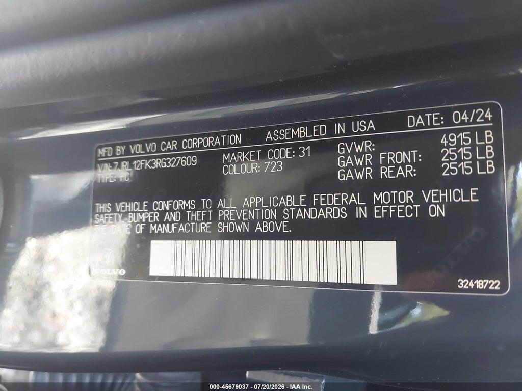 7JRL12FK3RG327609 2024 VOLVO S60 photo no. 9