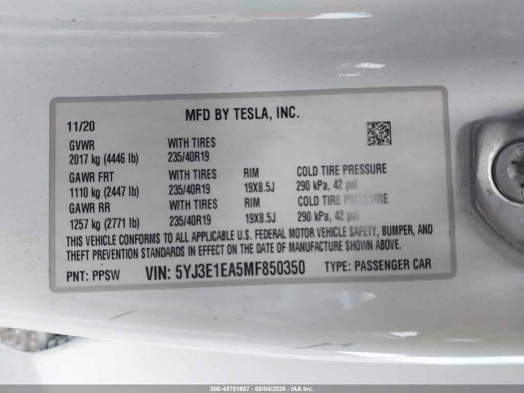 5YJ3E1EA5MF850350 2021 TESLA MODEL 3 photo no. 9
