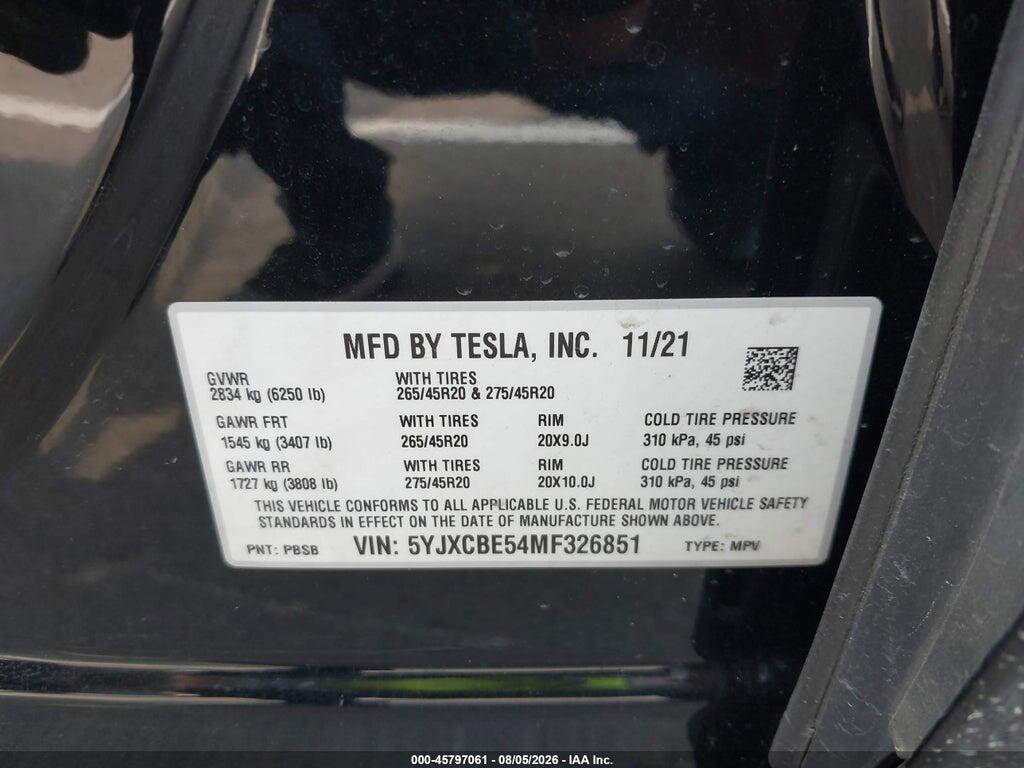 5YJXCBE54MF326851 2021 TESLA MODEL X photo no. 9