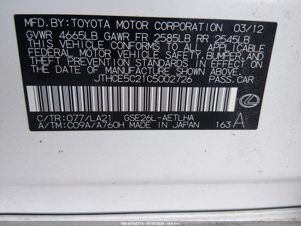 JTHCE5C21C5002726 2012 LEXUS IS 350 photo no. 9