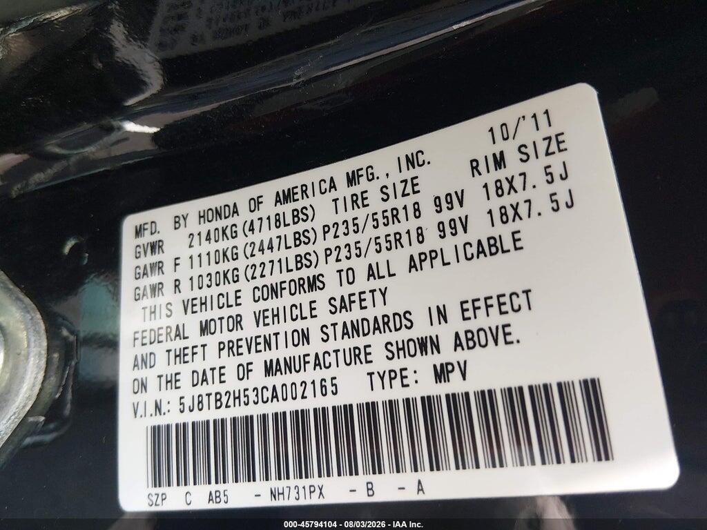 5J8TB2H53CA002165 2012 ACURA RDX photo no. 9
