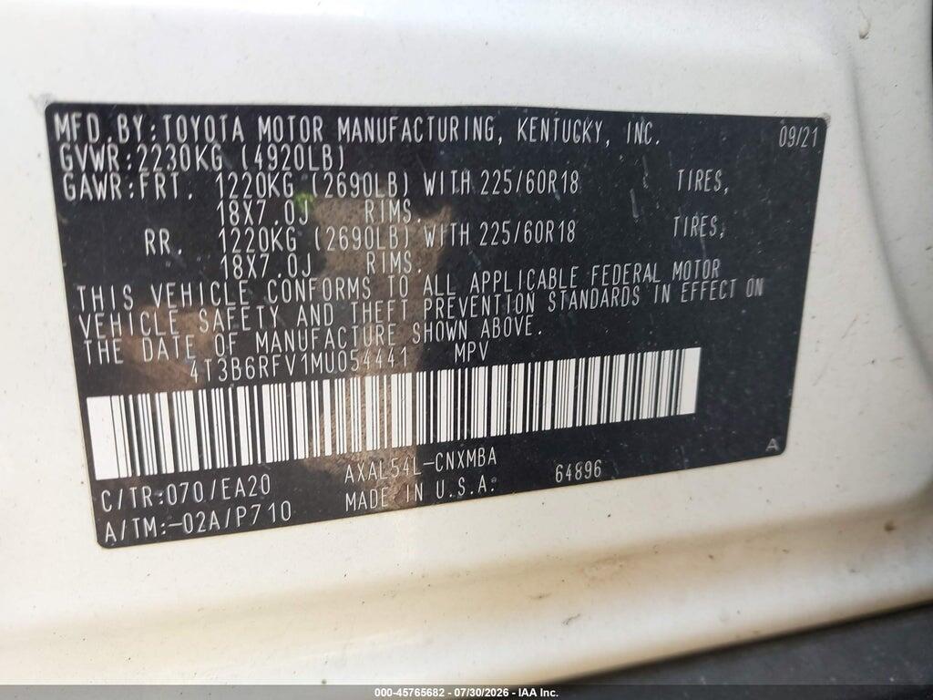 4T3B6RFV1MU054441 2021 TOYOTA RAV4 HYBRID photo no. 9