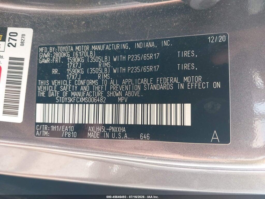 5TDYSKFCXMS006482 2021 TOYOTA SIENNA photo no. 9