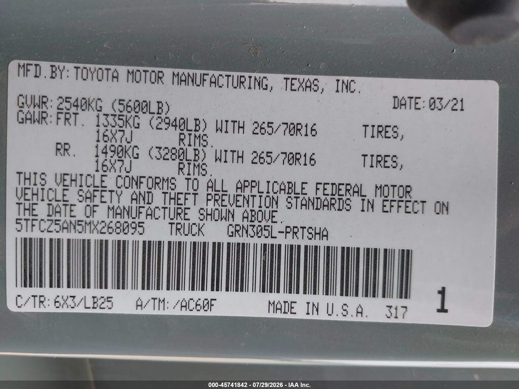 5TFCZ5AN5MX268095 2021 TOYOTA TACOMA photo no. 9