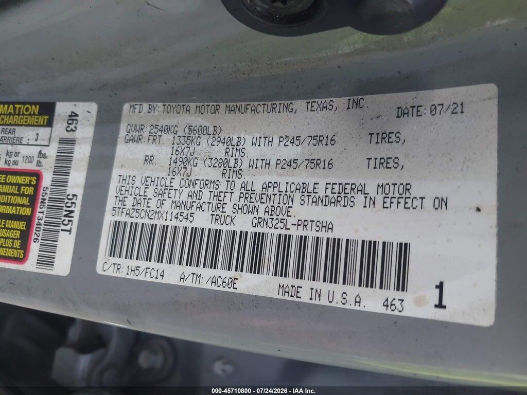 5TFAZ5CN2MX114545 2021 TOYOTA TACOMA photo no. 9
