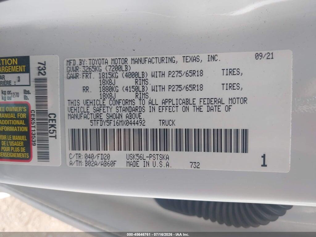 5TFDY5F16MX044492 2021 TOYOTA TUNDRA photo no. 9