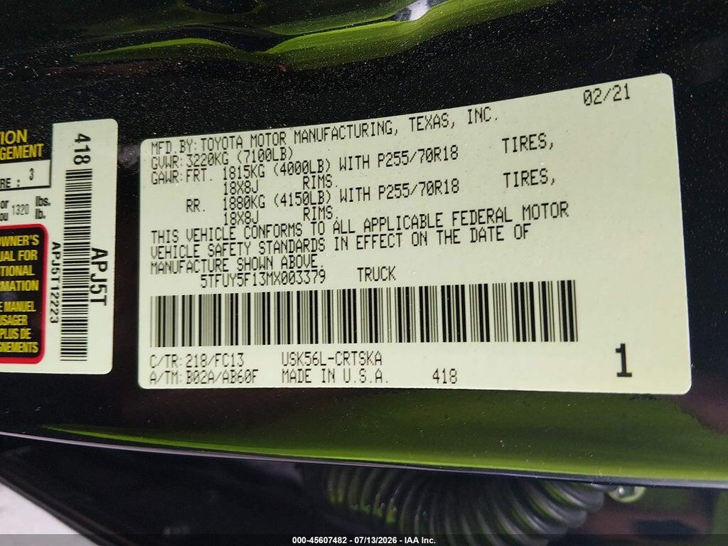 5TFUY5F13MX003379 2021 TOYOTA TUNDRA photo no. 9