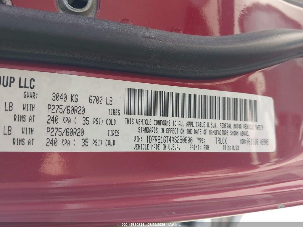 1D7RB1GT4AS250800 2010 DODGE RAM 1500 photo no. 9
