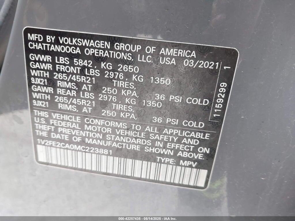 1V2FE2CA0MC223881 2021 VOLKSWAGEN ATLAS CROSS SPORT photo no. 9