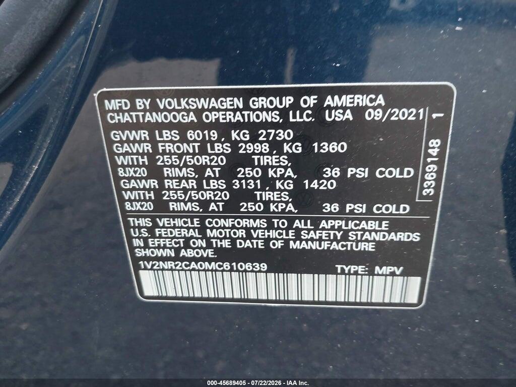 1V2NR2CA0MC610639 2021 VOLKSWAGEN ATLAS photo no. 9