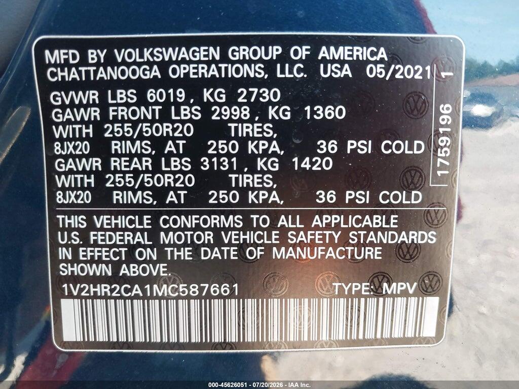 1V2HR2CA1MC587661 2021 VOLKSWAGEN ATLAS photo no. 9