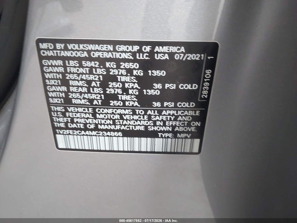 1V2FE2CA4MC234866 2021 VOLKSWAGEN ATLAS CROSS SPORT photo no. 9