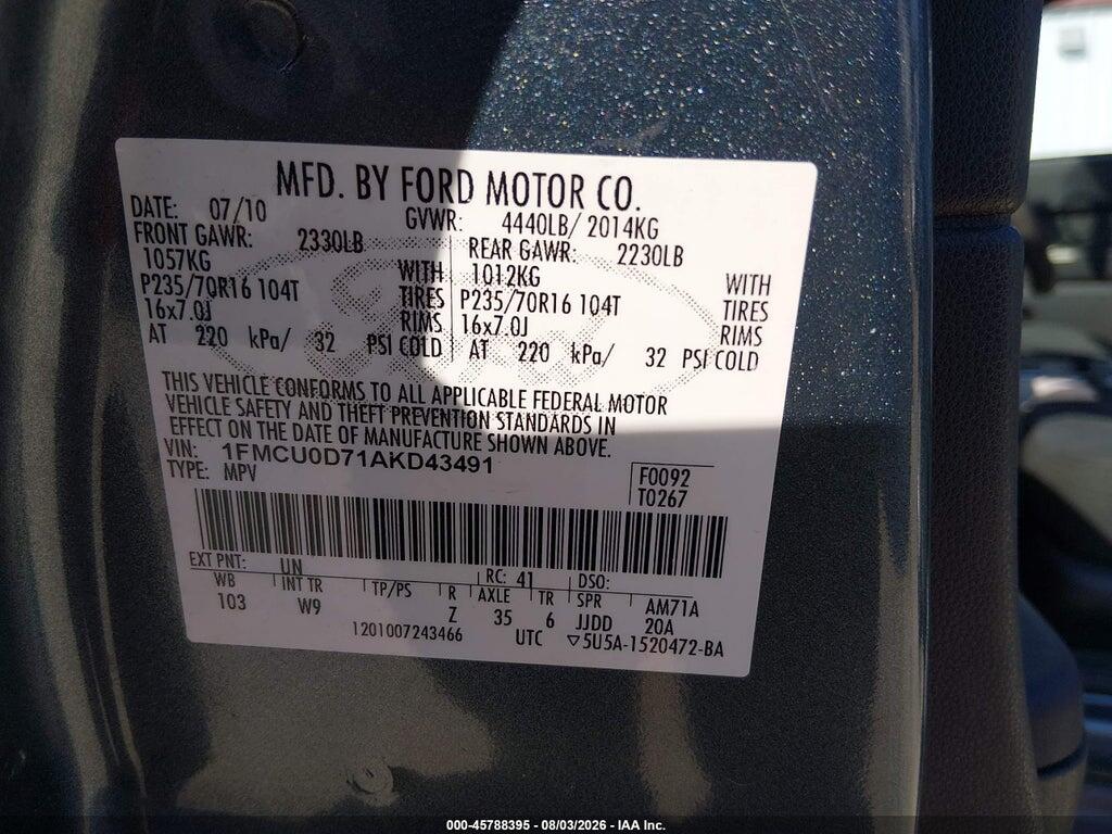 1FMCU0D71AKD43491 2010 FORD ESCAPE photo no. 9