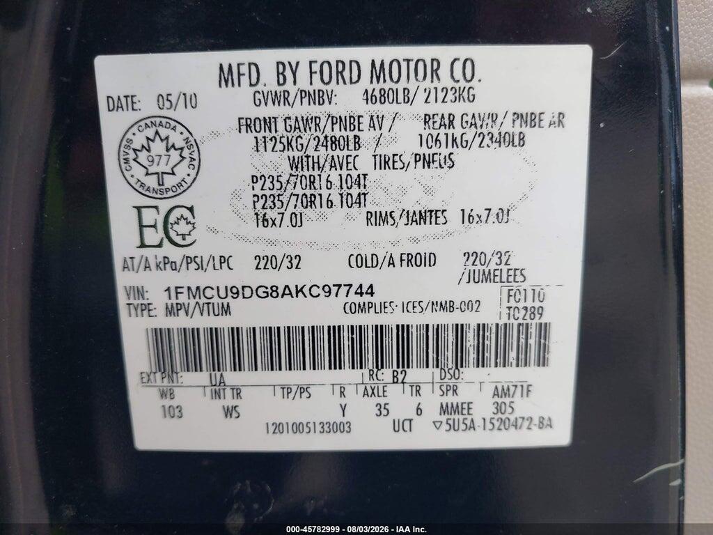 1FMCU9DG8AKC97744 2010 FORD ESCAPE photo no. 9