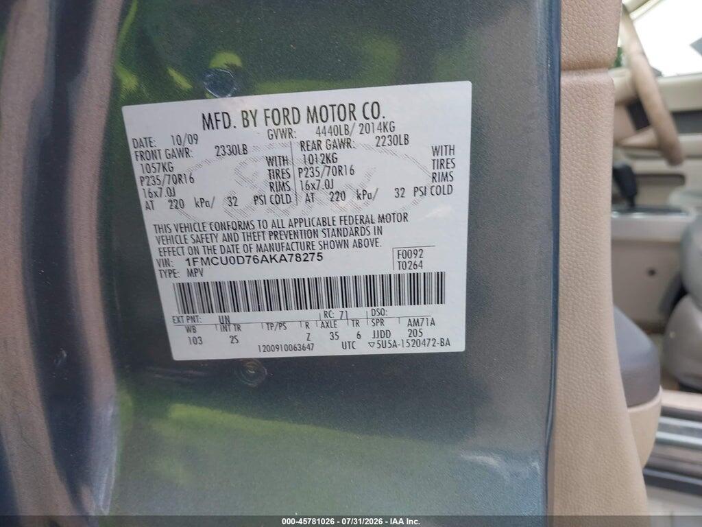1FMCU0D76AKA78275 2010 FORD ESCAPE photo no. 9