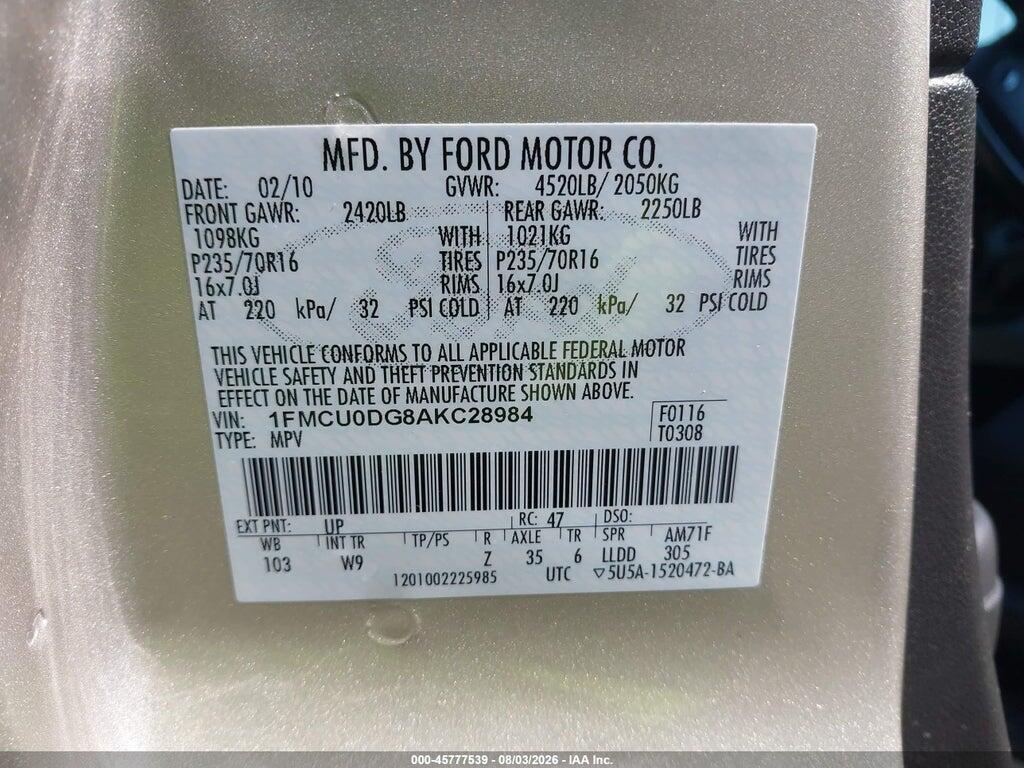 1FMCU0DG8AKC28984 2010 FORD ESCAPE photo no. 9