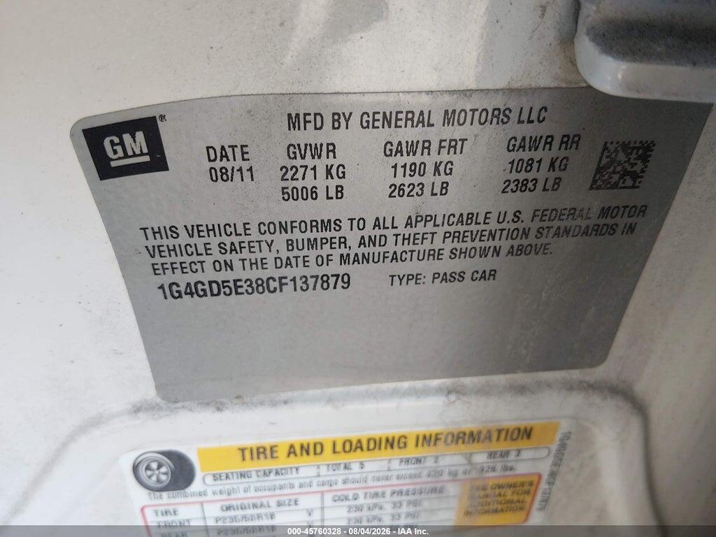 1G4GD5E38CF137879 2012 BUICK LACROSSE photo no. 9