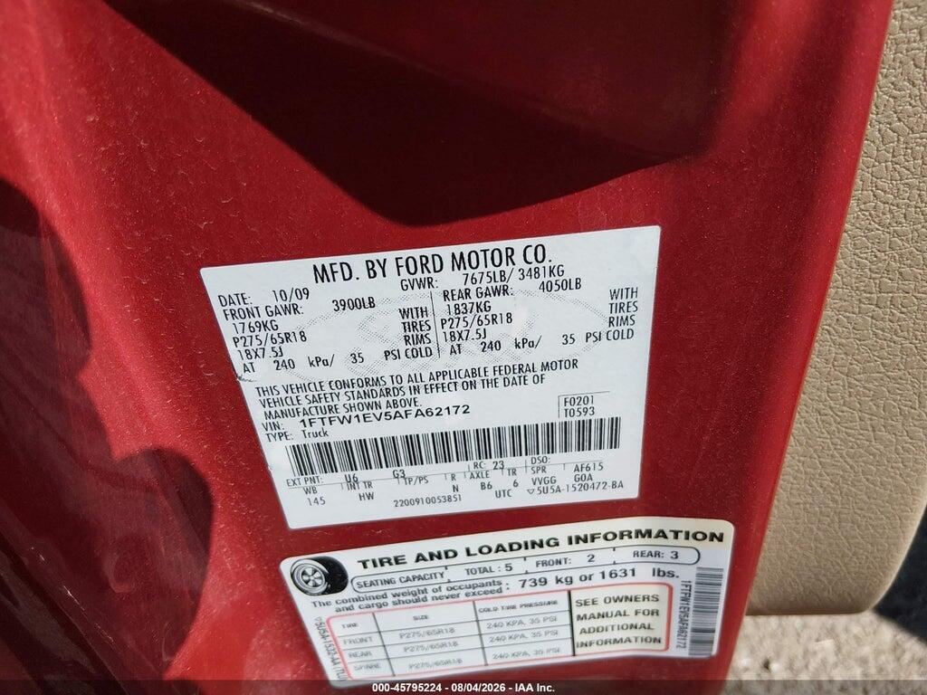 1FTFW1EV5AFA62172 2010 FORD F-150 photo no. 9